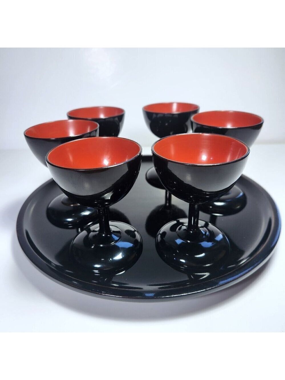 Vintage Okinawa Bembo Lacquerware Sake Set – 6 Cups + Tray – Japanese Decor